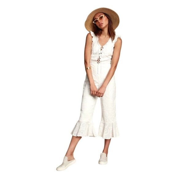 Lulus Boho Lace Jumpsuit L Coquette Ruffle NWT Festival Western Coachella Ivory - Picture 1 of 11
